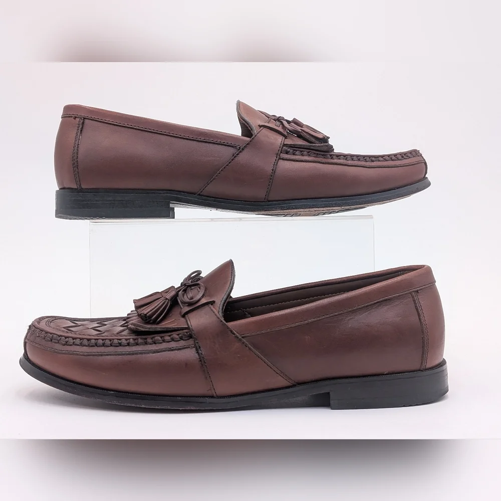 Johnston & Murphy Classic Woven Loafer Sz 12M Genuine Brown Leather With Tassels
